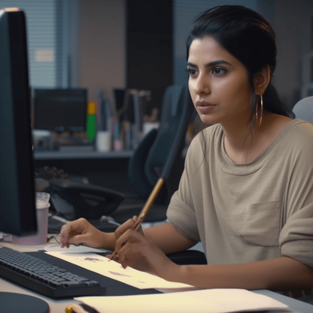 Woman works on a laptop in an industrial loft apartment. 